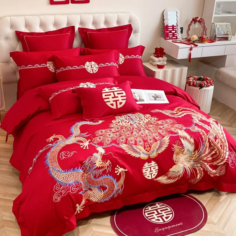新疆西藏包邮中式高档龙凤刺绣结婚四件套大红色纯棉全棉婚庆床上