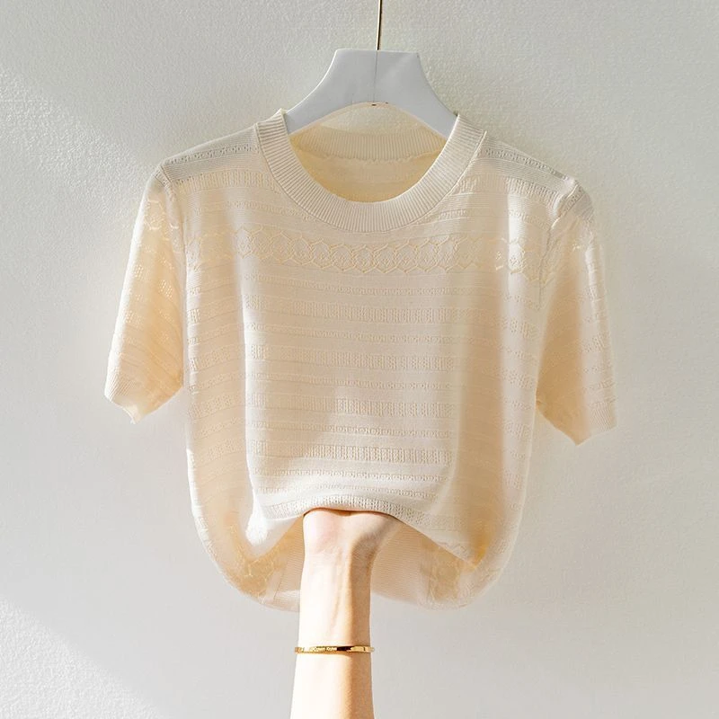 2025夏季新款冰丝短袖T恤女薄款镂空遮肚宽松上衣洋气小衫针织衫