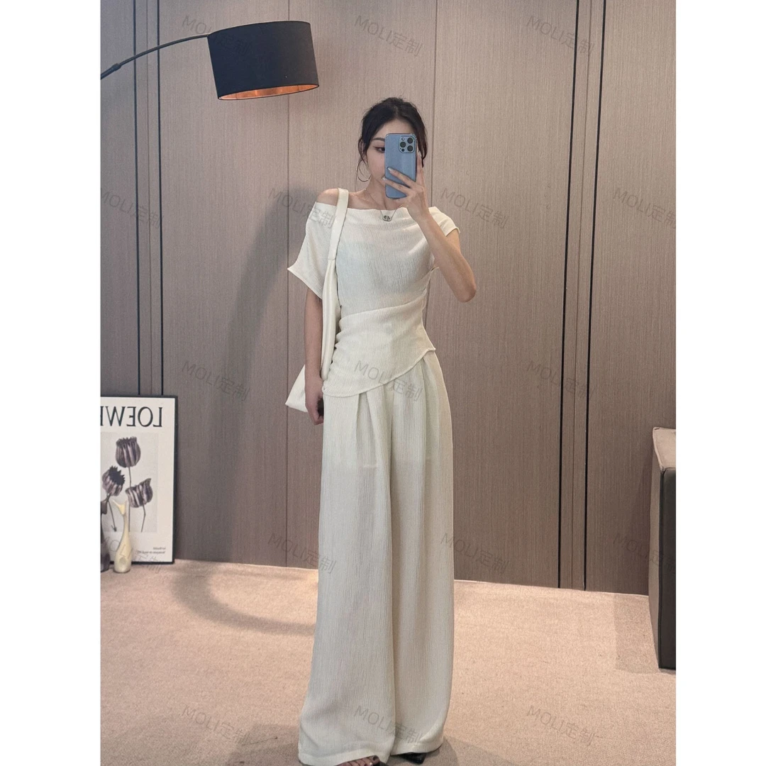 Moli定制【丹麦夏日】气质显瘦阔腿时尚套装夏季开叉高腰251769