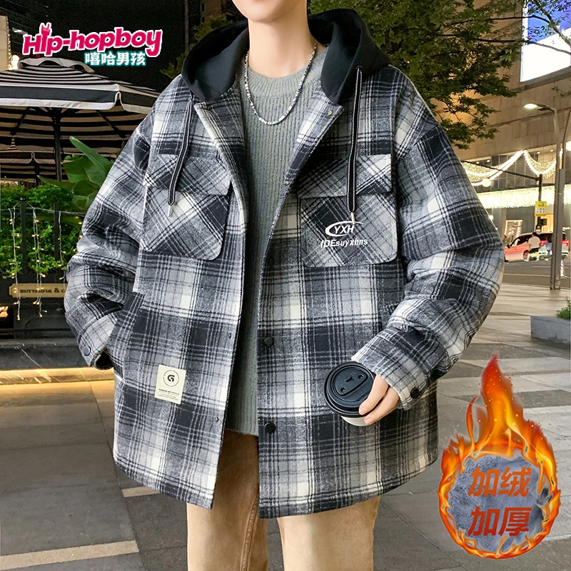 冬季男连帽格子男款加绒加厚工装夹克嘻哈港风男士宽松外套