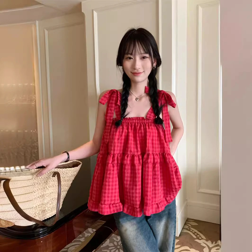 红色格子小吊带背心女2025夏外穿法式甜辣蓬蓬无袖抹胸上衣娃娃衫