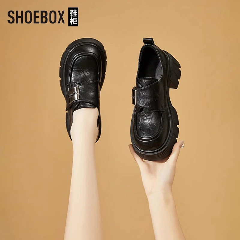 SHOEBOX鞋柜厚底乐福鞋女2025新款春季复古百搭英伦风小皮鞋