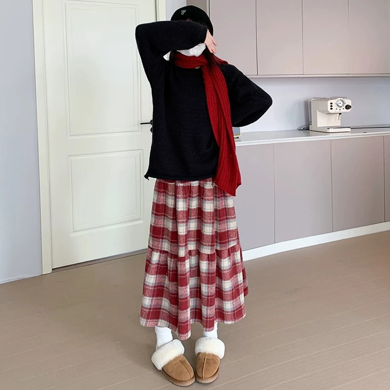 红色格子半身裙女中长款秋冬2024新款高腰显瘦a字裙子毛呢蛋糕裙