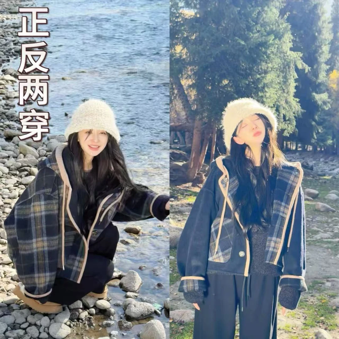 余紫绮【蓝色格调】秋冬新款宽松慵懒短款羊毛双面尼外套YZ2677049