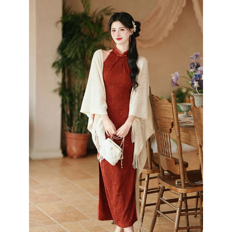 新中式晨袍敬酒服新娘结婚当天便装订婚礼服复古红色旗袍连衣裙女