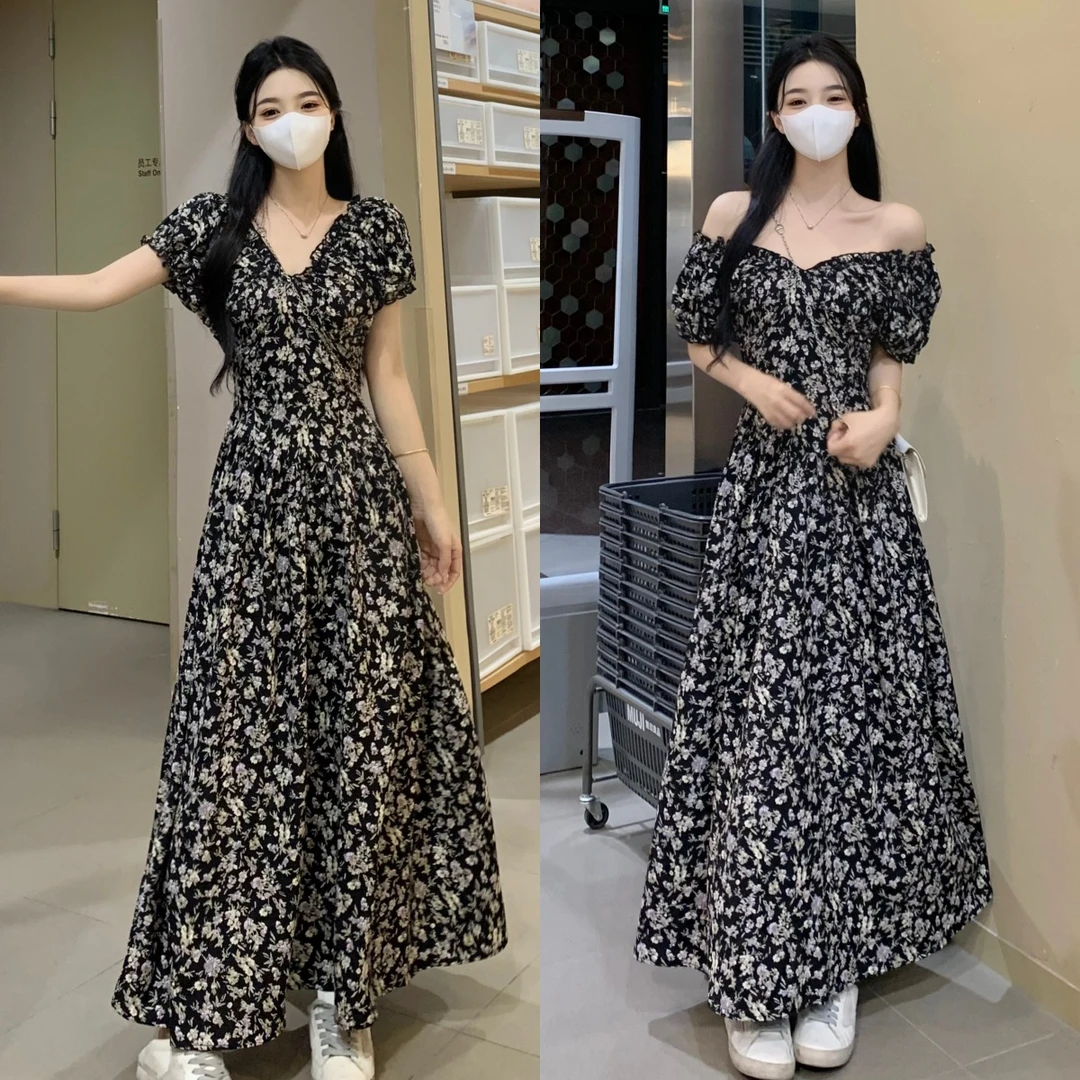 大码2025夏季新款法式复古碎花V领收腰显瘦气质长裙两穿连衣裙女
