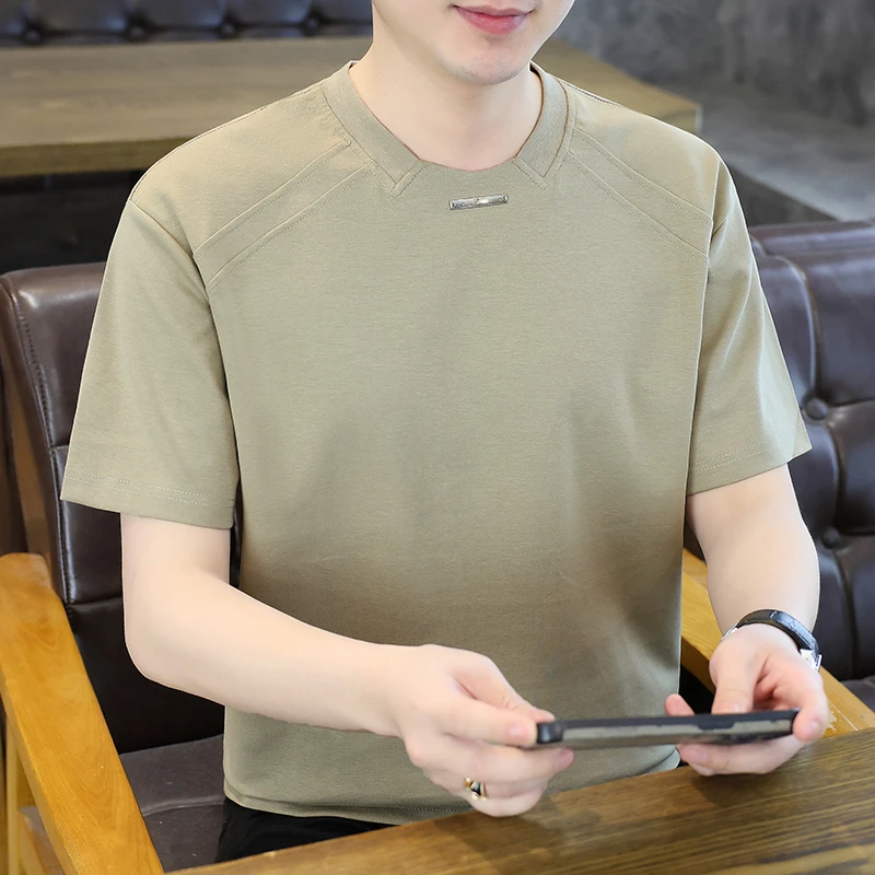 夏季韩版纯色圆领短袖T恤新款男士透气t恤潮流半袖打底衫上衣休闲