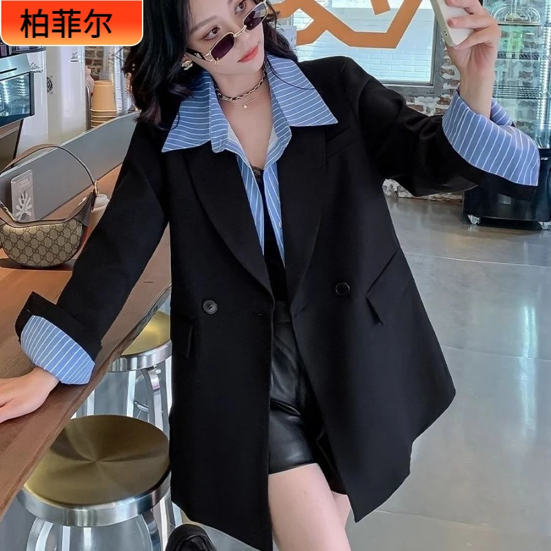 I大码休闲西装外套女春秋2025新款高级穿搭宽松小众假两件西服胖1