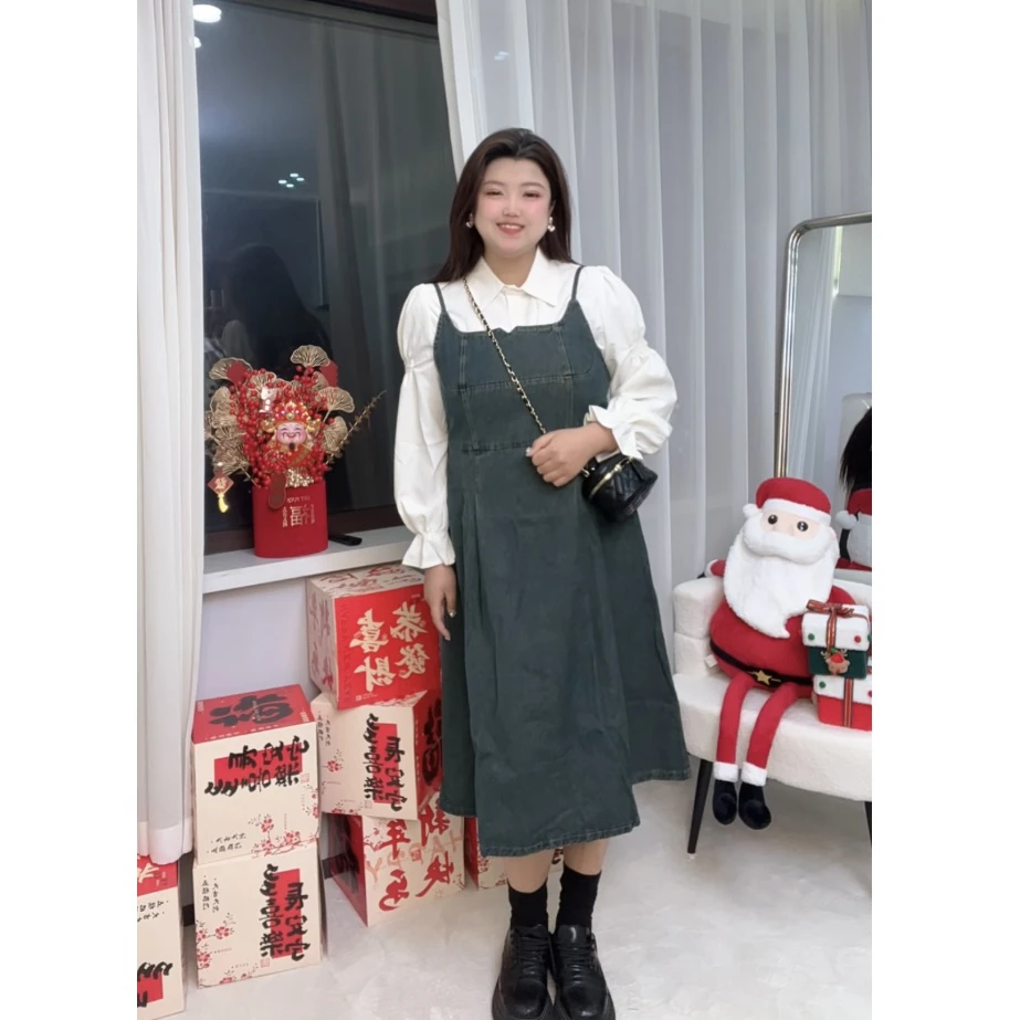 复古牛仔连衣裙高腰显瘦胖mm吊带长裙套装