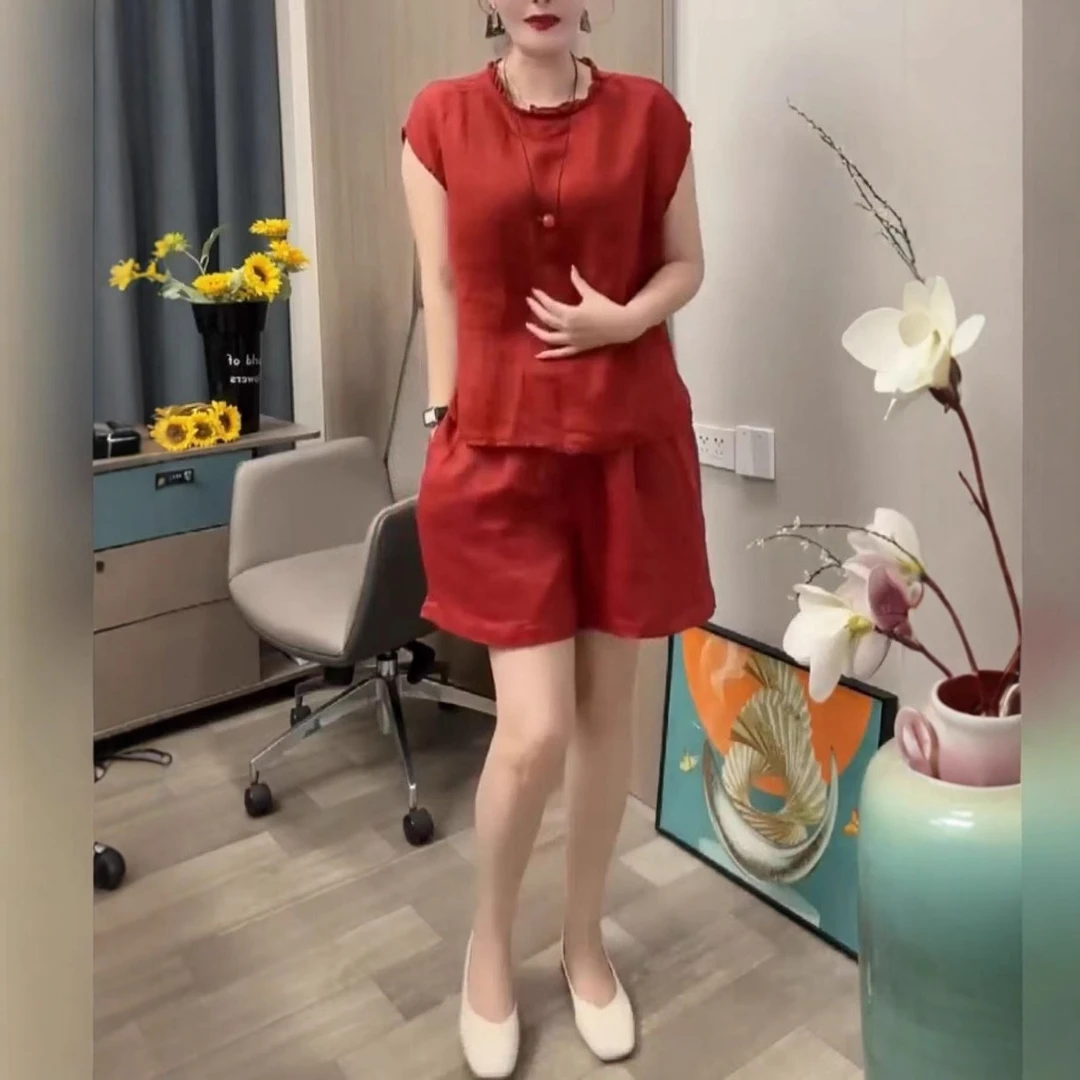 25765新款时尚百搭高级感纯色宽松显瘦上衣短裤女装两件套装