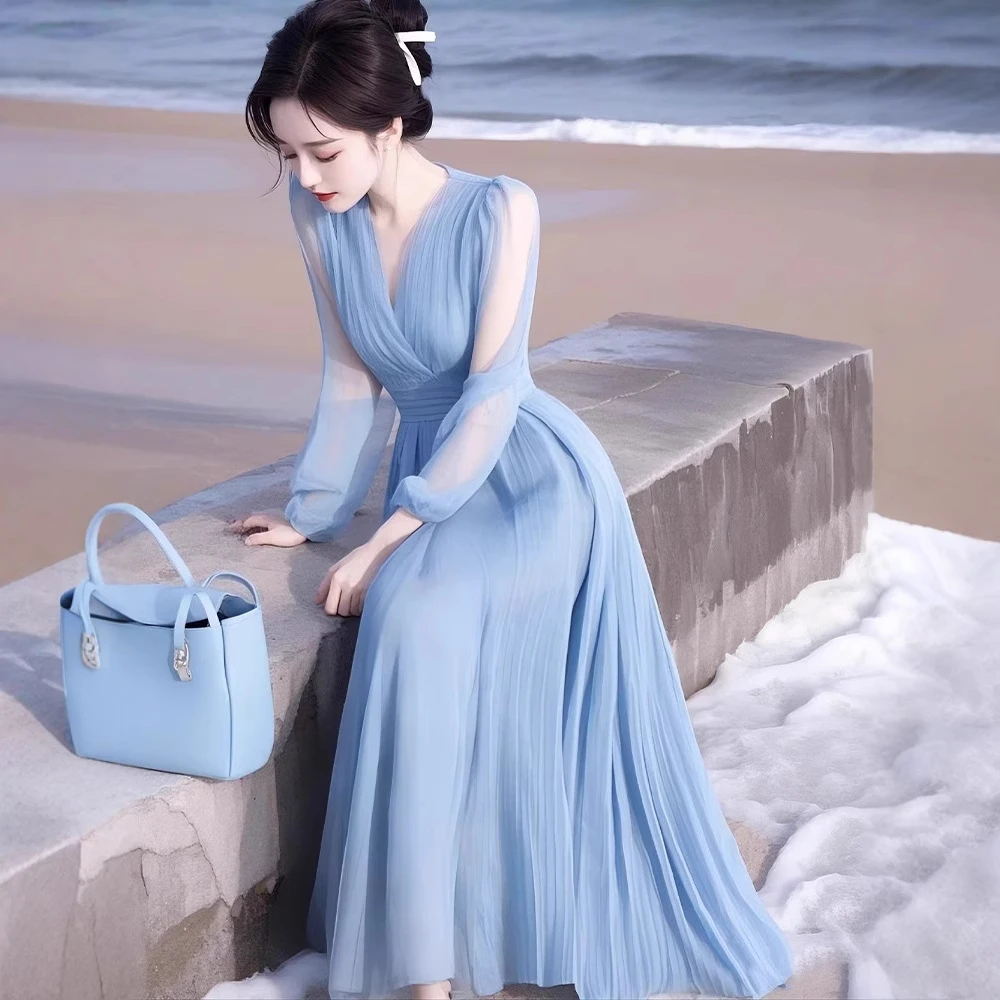 现货春季风情万种女神范气质沙滩海边度假温柔风蓝色雪纺连衣裙