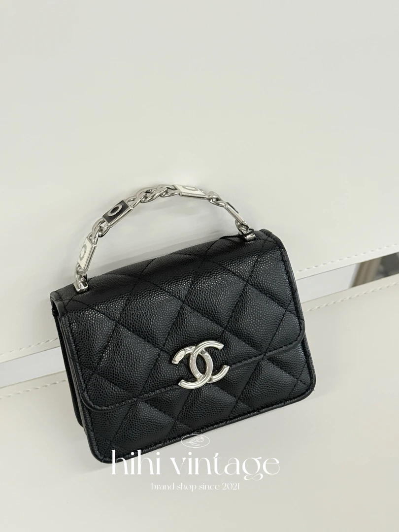 99新 Chanel/香奈儿 22S 黑银珐琅手柄单肩斜挎手提包/18156904