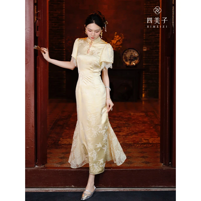 四美子【梨瑶台】新款新中式雅致提花缎面蕾丝拼接鱼尾旗袍裙连衣裙