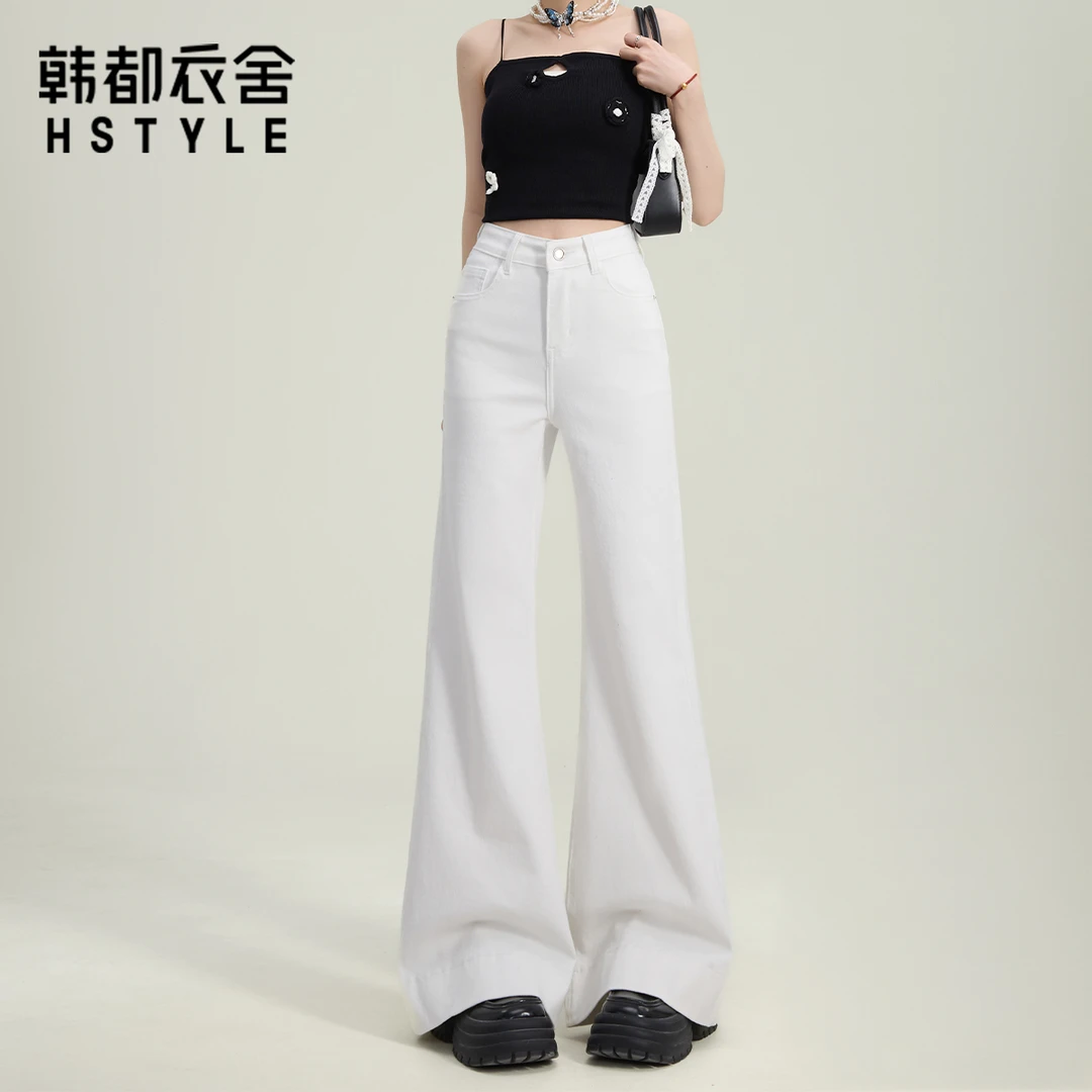 韩都衣舍白色高腰喇叭牛仔裤女2025新款百搭宽松显瘦拖地不贴腿微