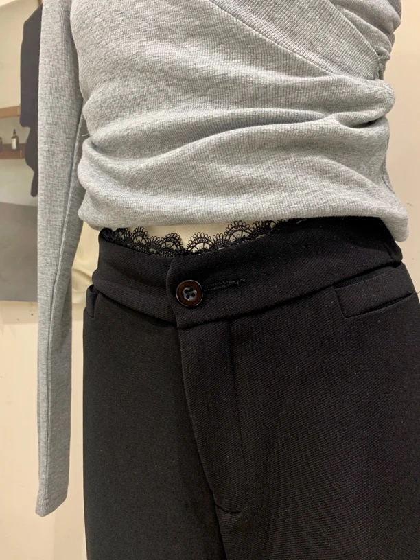 黑色马蹄西装裤女高腰修身蕾丝拼接微喇裤垂坠感时尚