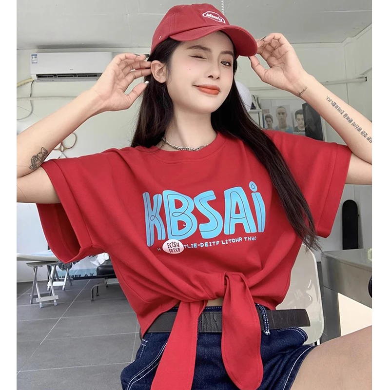 绑带酷辣上衣女夏短袖高腰跳舞红色舞蹈服短款爵士小个子美式T恤