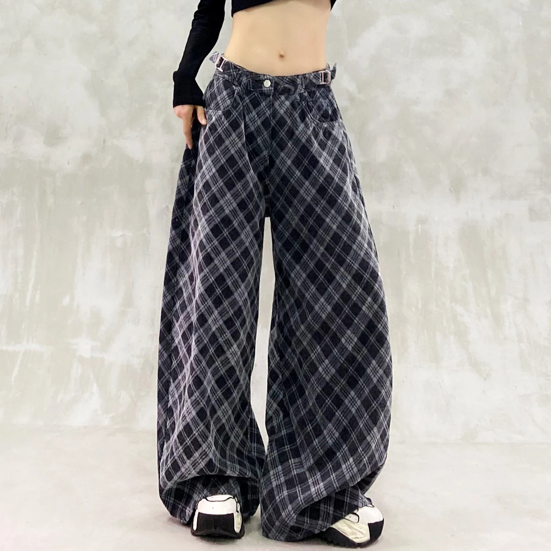 个性腰身设计宽松格纹休闲牛仔裤女冬新款高腰显瘦百搭直筒阔腿裤