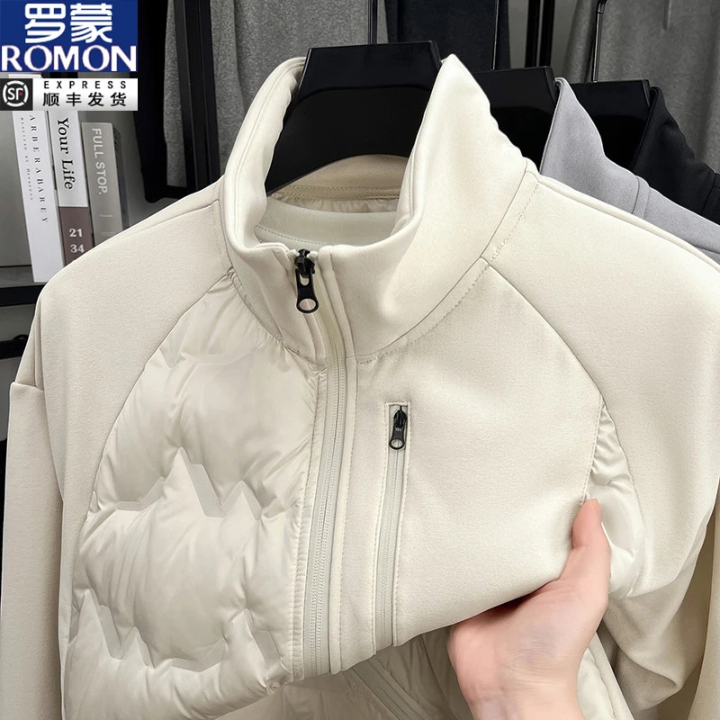罗蒙2025秋冬季新款男士鸭绒羽绒服拼接保暖立领休闲半拉链防寒服