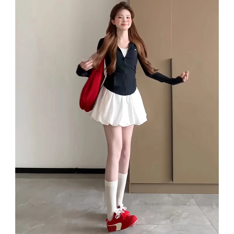 白色花苞短裙女2025夏季新款高腰a字裙子法式气质百搭蓬蓬半身裙