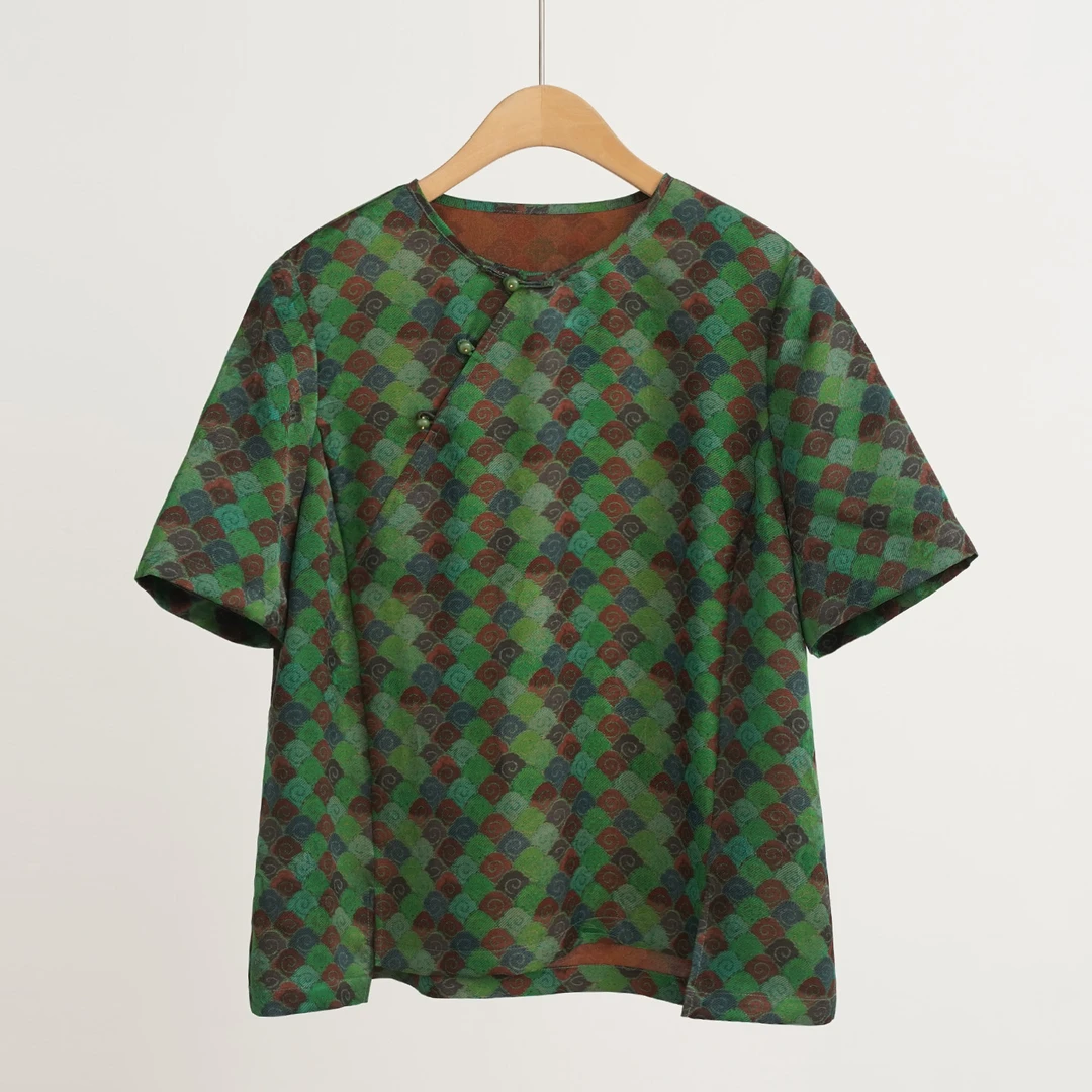 【翡翠云海系列】满萝红云纱100%桑蚕丝女士短袖（251143）