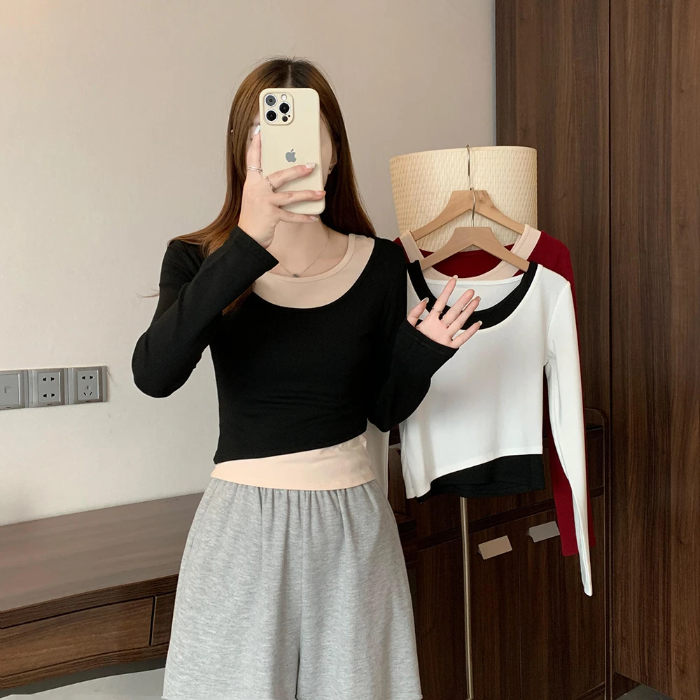 新款低领假两件长袖紧身内搭上衣2277