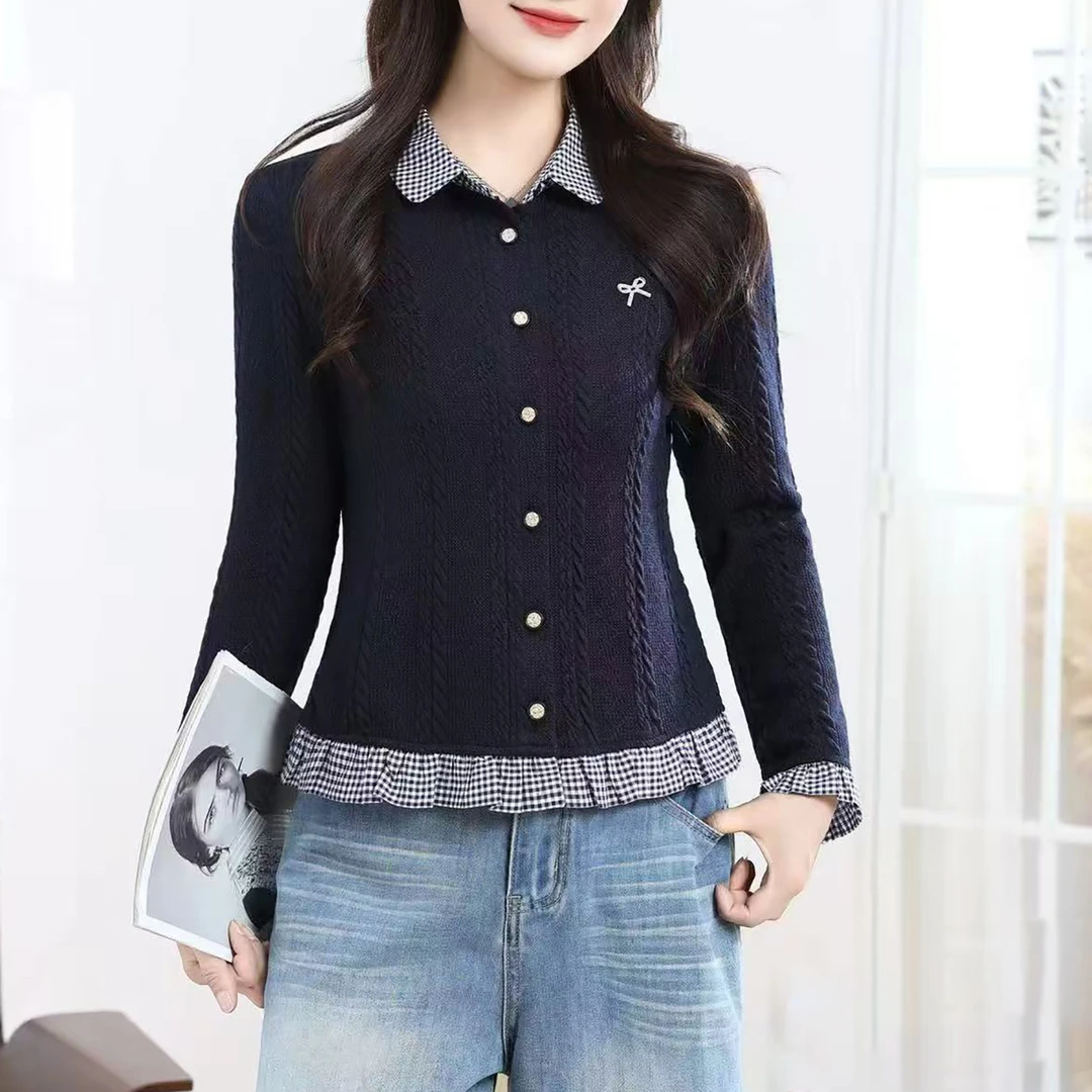 【秋季新款】韩版设计感拼接蝴蝶结百搭减龄针织开衫CQ6956 衣长53