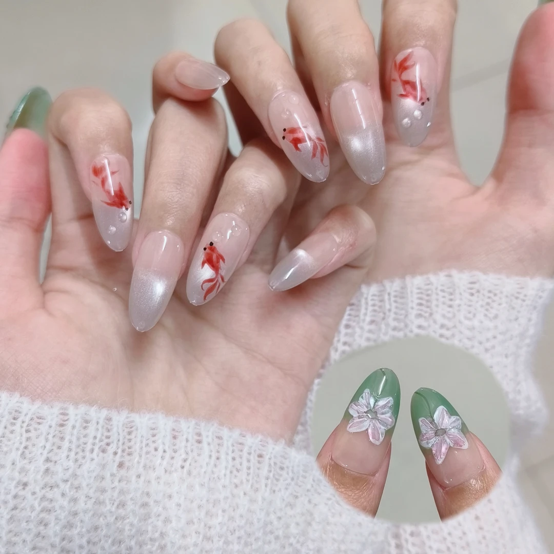 手绘水彩锦鲤气质雕花纯手工穿戴甲猫眼美甲贴片春夏季新款