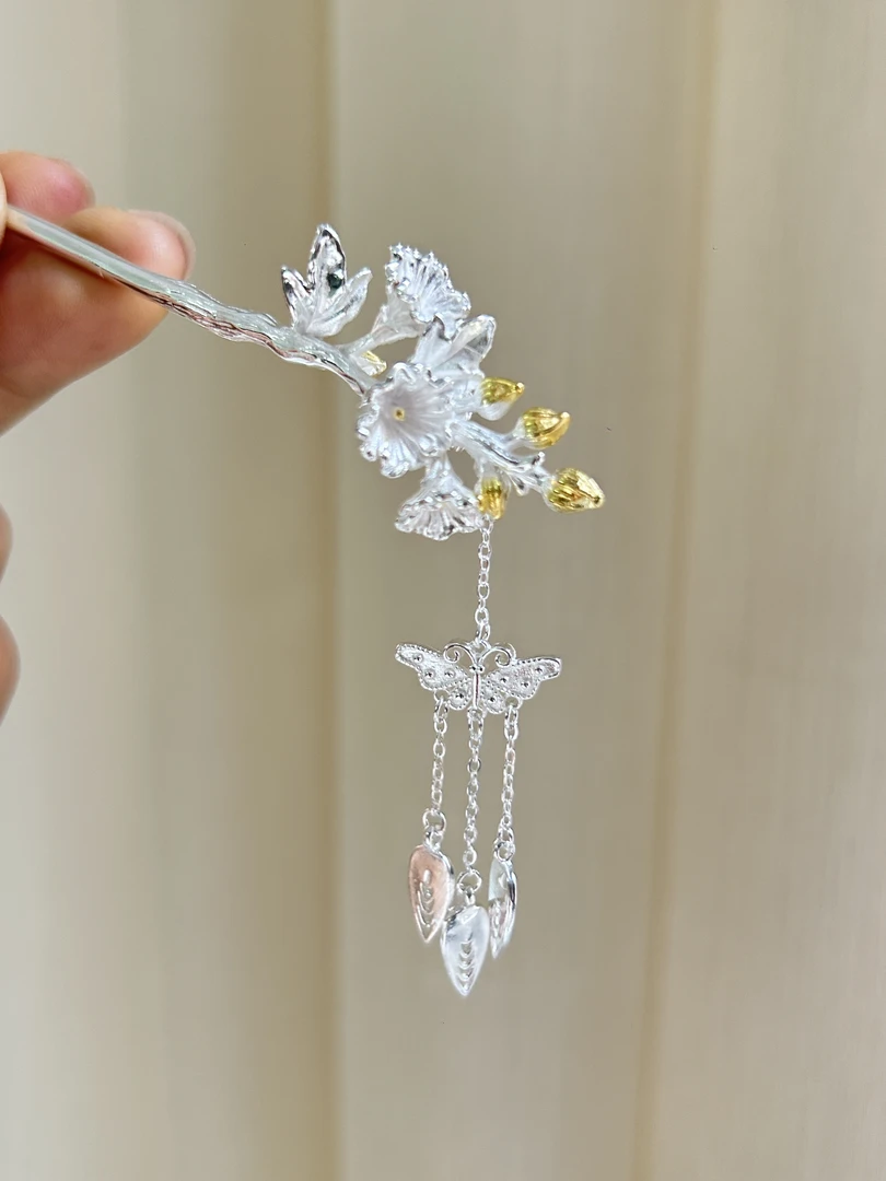 足银银制品 足银发簪 梅花蝴蝶流苏民族风发簪 女士头饰