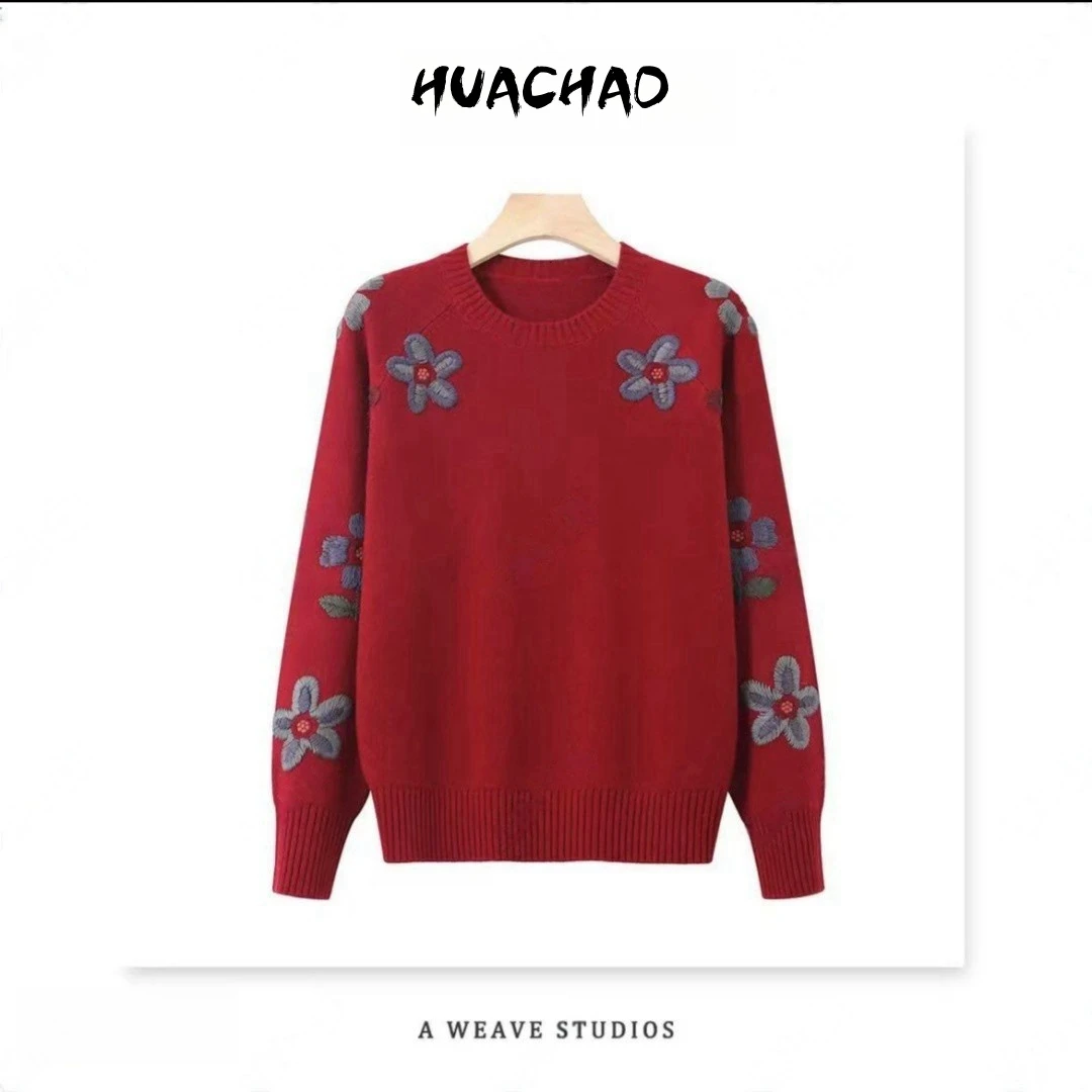 纯手工绣花&向阳花~欧若秋冬加厚经典百搭立体花朵毛衣—B1469