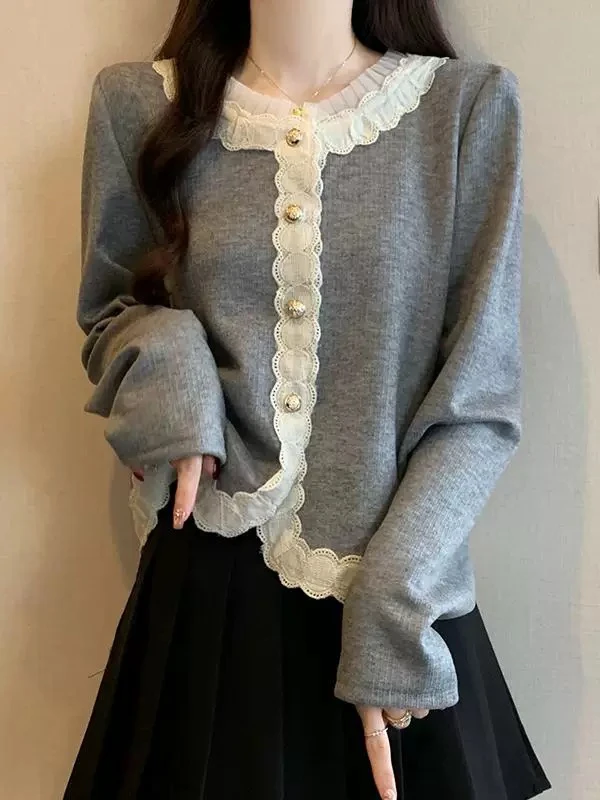 新款遮肉显瘦外搭开衫高档小香风蕾丝外套休闲打底上衣女