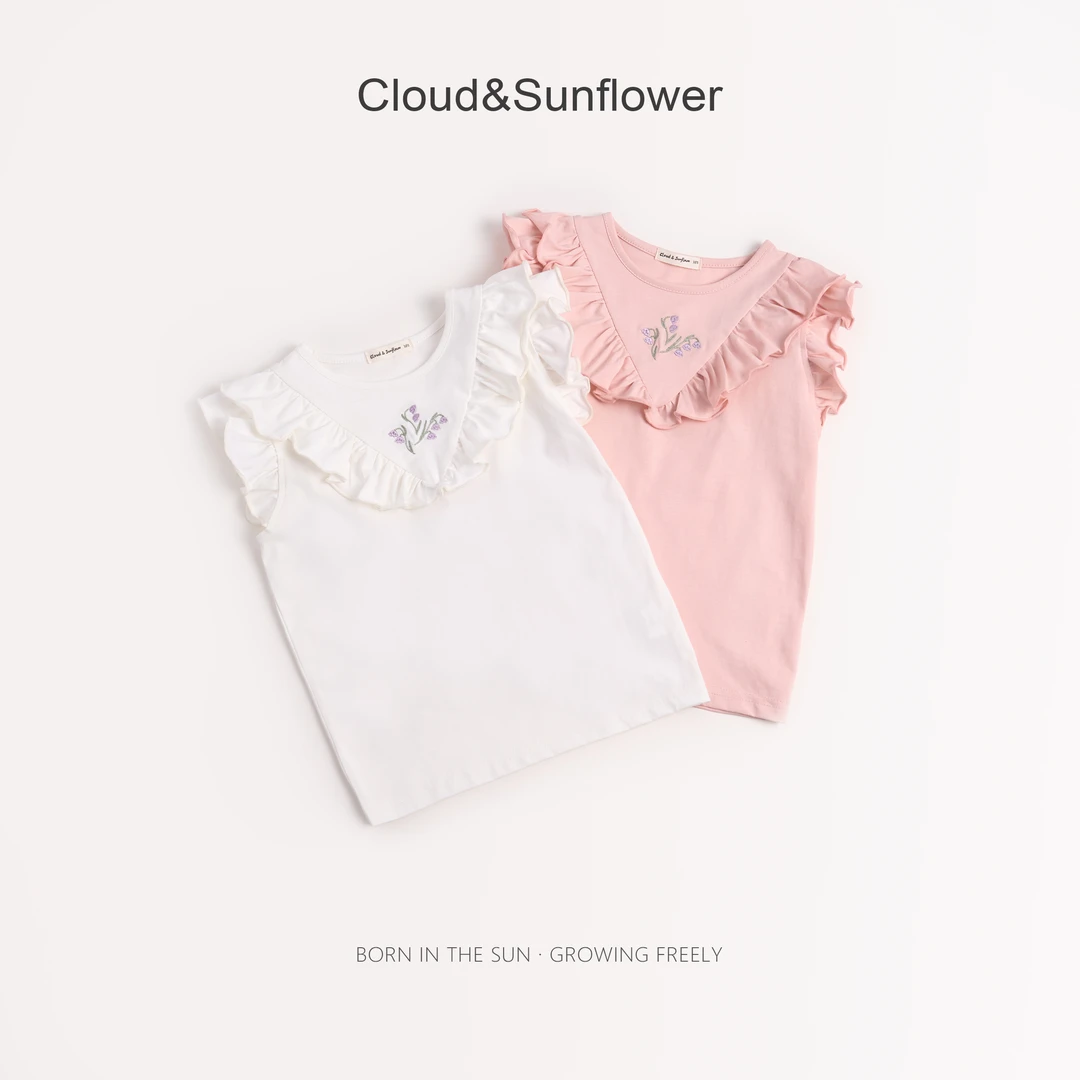 女童夏季胸前小花刺绣V领木耳边捏褶休闲T恤252302