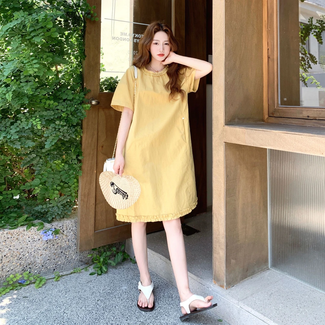 韩系气质连衣裙女2025夏新款木耳花边泡泡袖显瘦侧边口袋设计裙子