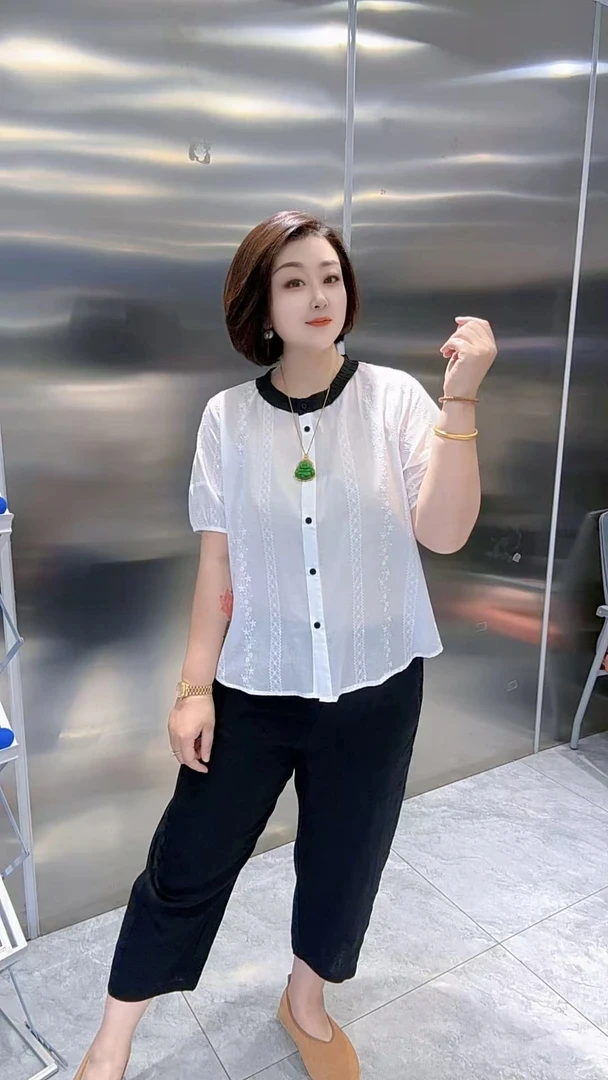 【聪姐推荐】7725时尚显瘦圆领撞色半袖（衣长67，胸围134）