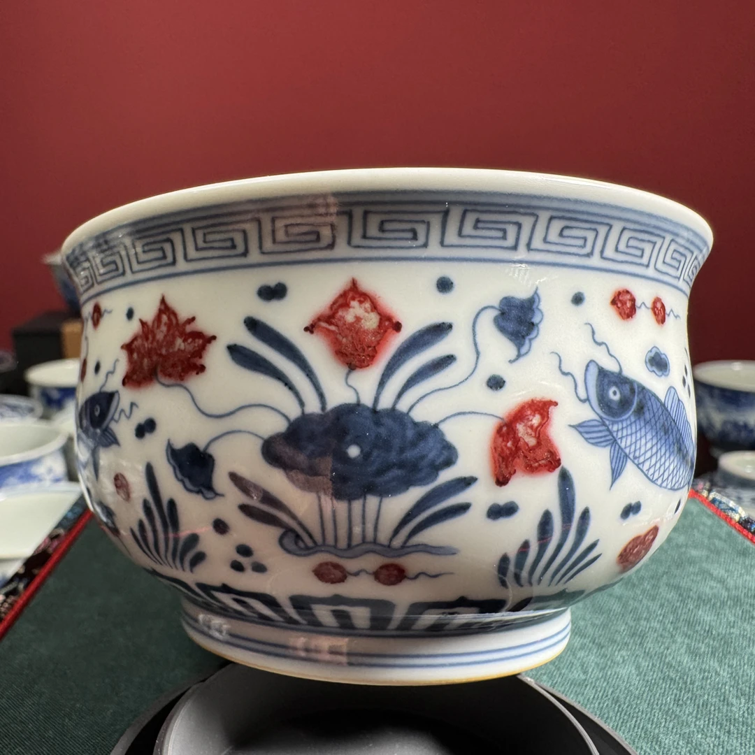 柴窑青花釉里红(不晓堂)鱼藻纹炉式杯