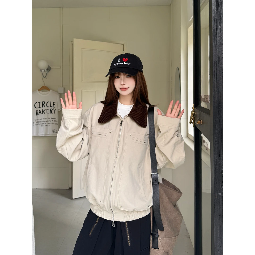 实拍美式复古巴恩风拼色工装外套秋季中性风短款翻领休闲夹克