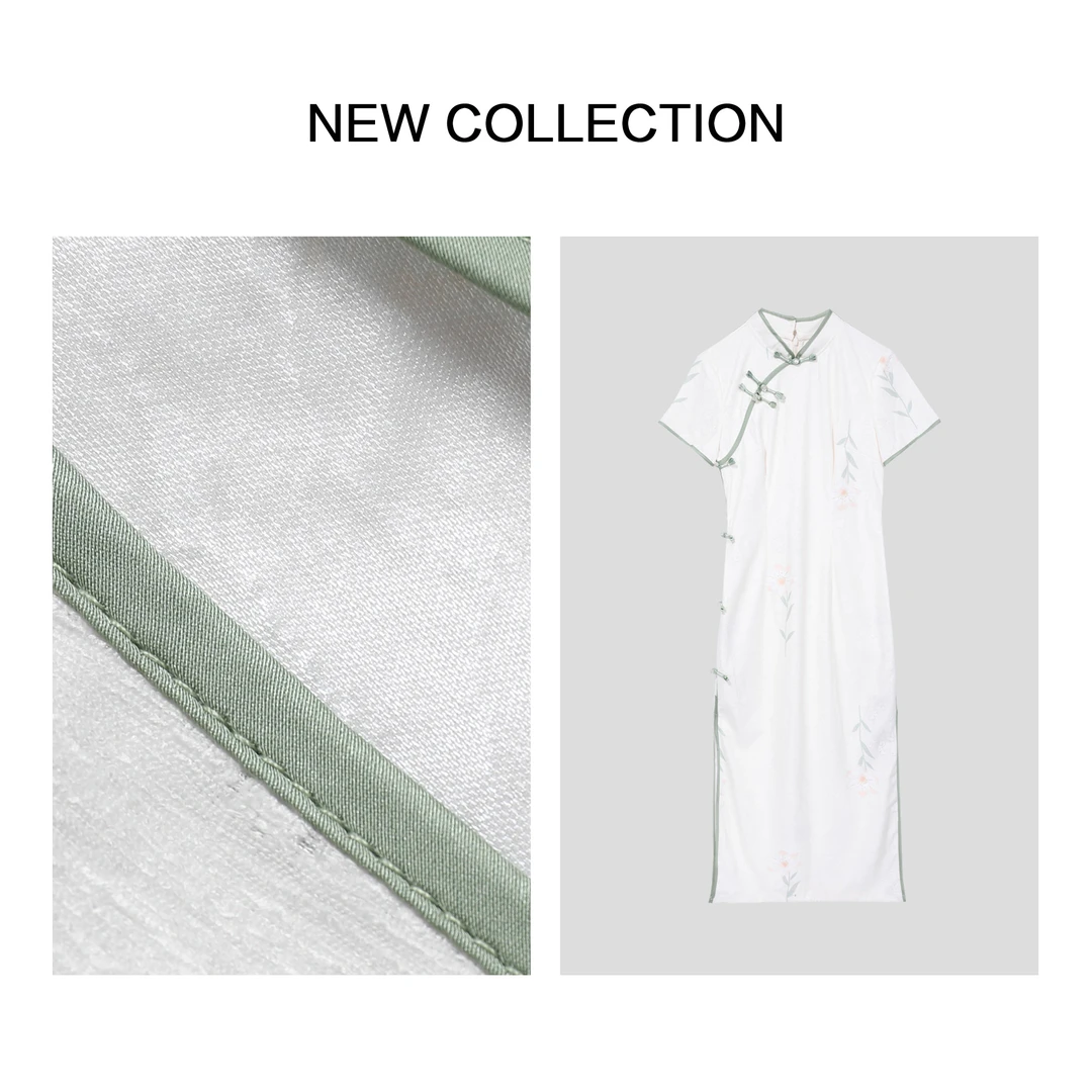 【小橱专享】L1F28115素白镶边盘扣刺绣旗袍-8115