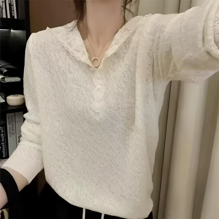 佩佩 蕾丝花边拼接重工毛衣外套女春秋新款外套针织套头上衣081