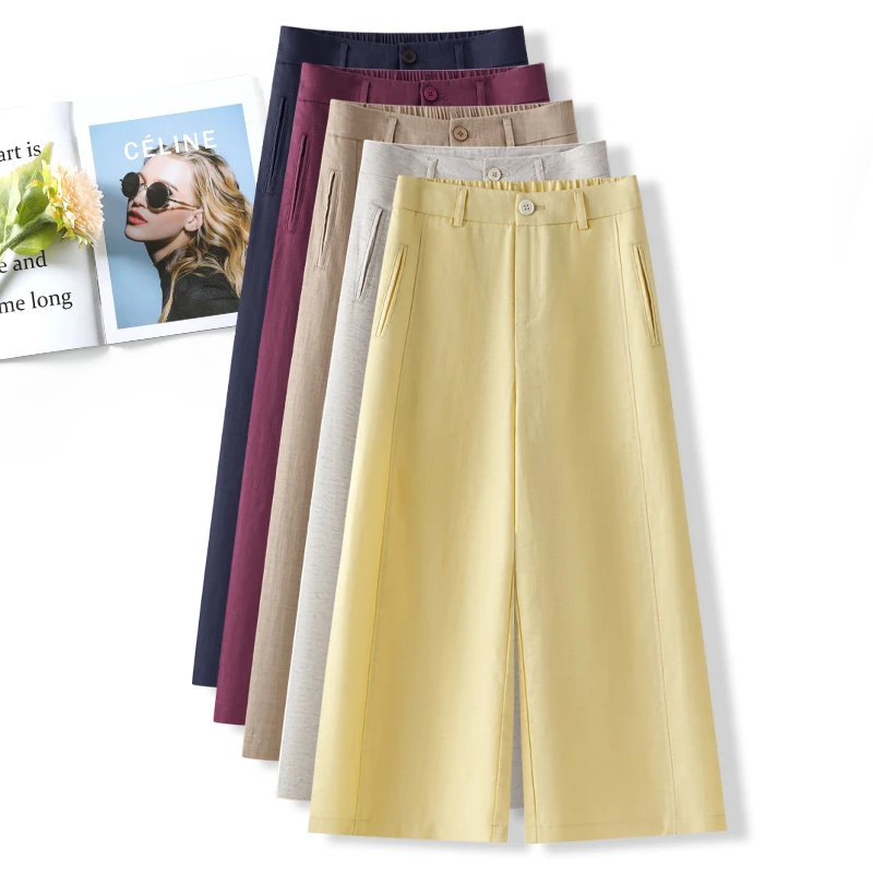 紫色天丝亚麻阔腿裤女夏季薄款2025新款高端棉麻八分休闲直筒裤子