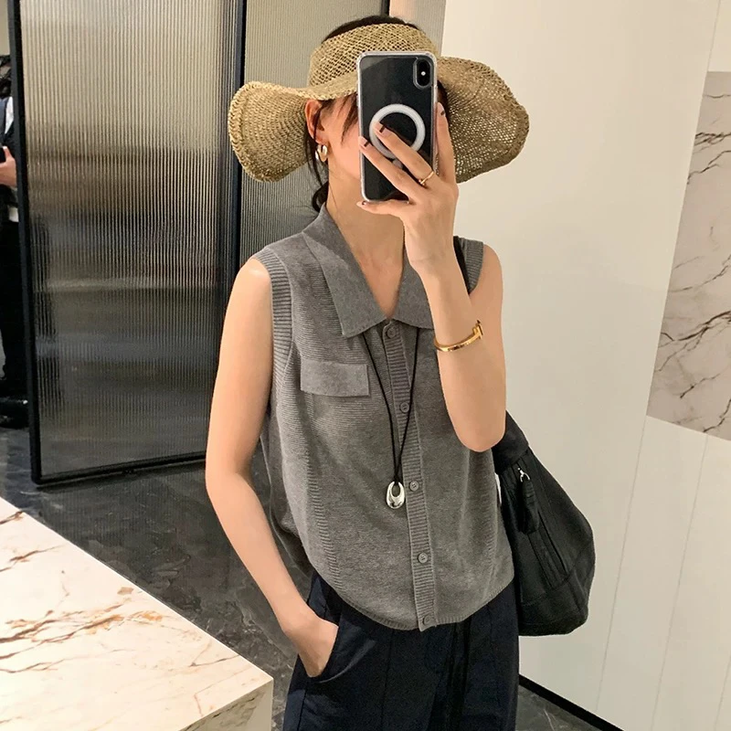 宽松薄款女夏季常规款毛针织衫宽松型短款无袖小众