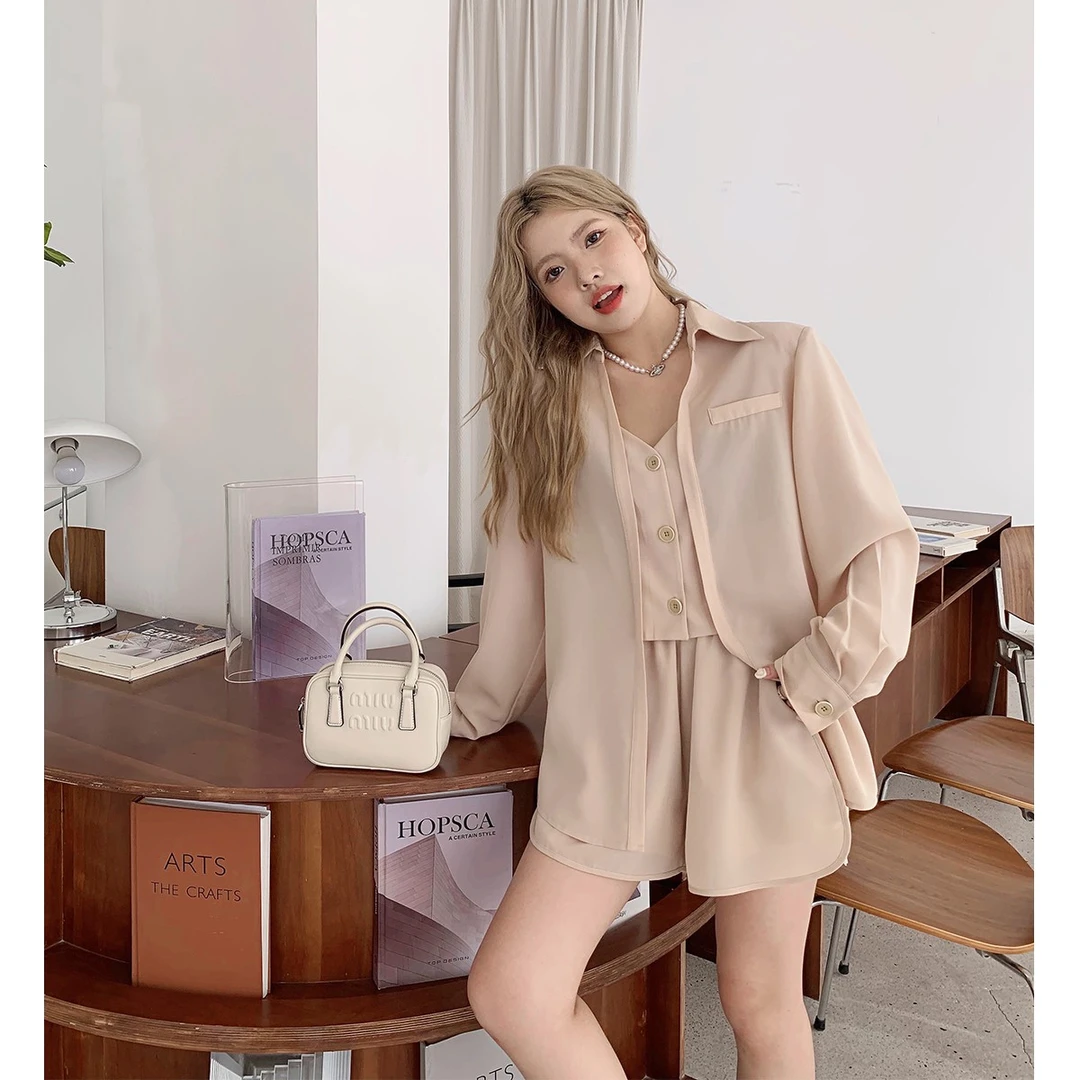 晶咕白标~松弛偶像~假两件拼接衬衫+短裤时尚运动休闲套装女夏季