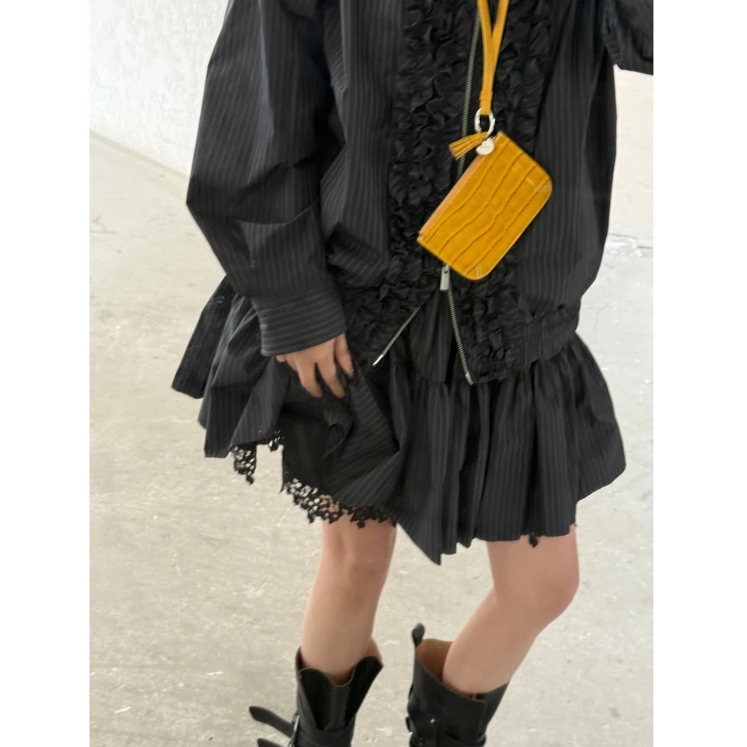 AVVENN2025春季新品多层抽褶蓬松精致A字条纹半身裙