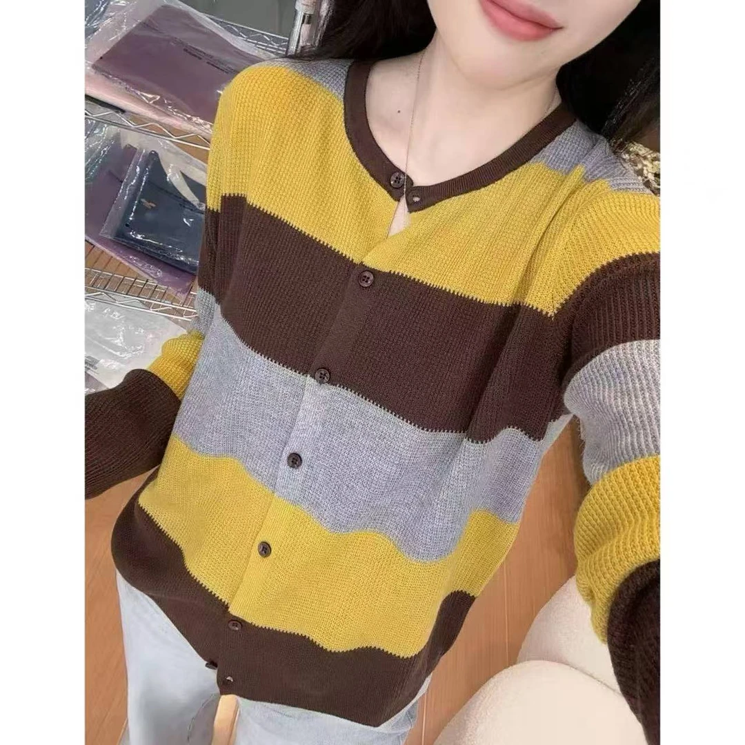 80-200大码撞色条纹开衫长袖网红圆领早秋拼接秋季时尚百搭上衣