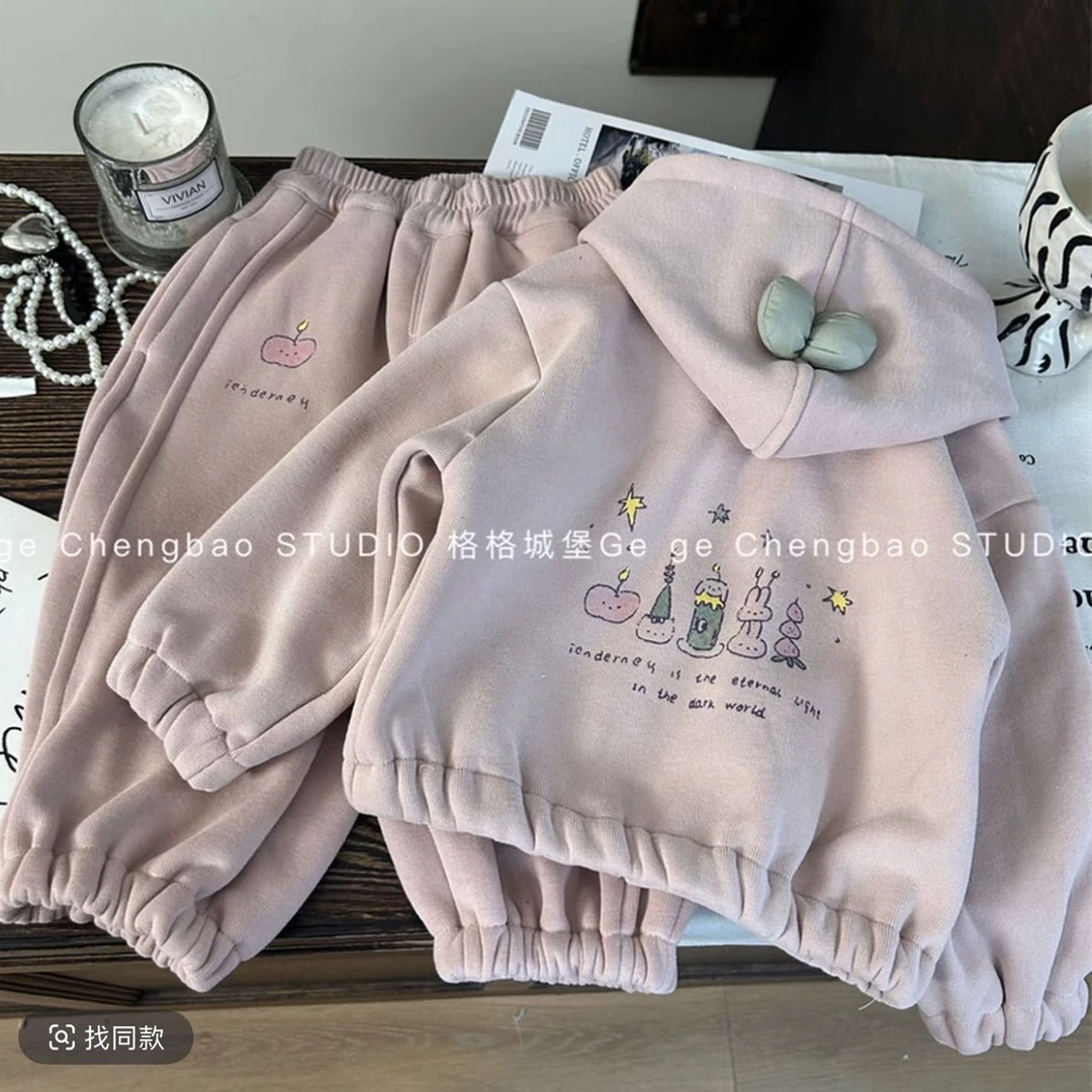 女童2025加绒新款秋冬儿童套装加厚外套宝宝连帽洋气两件套潮