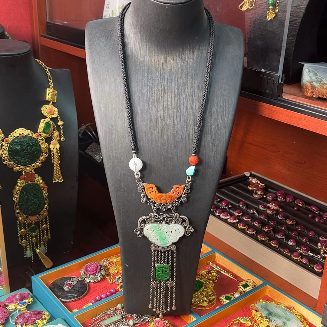 翡翠银S925镶嵌套链翡翠多宝项链套装