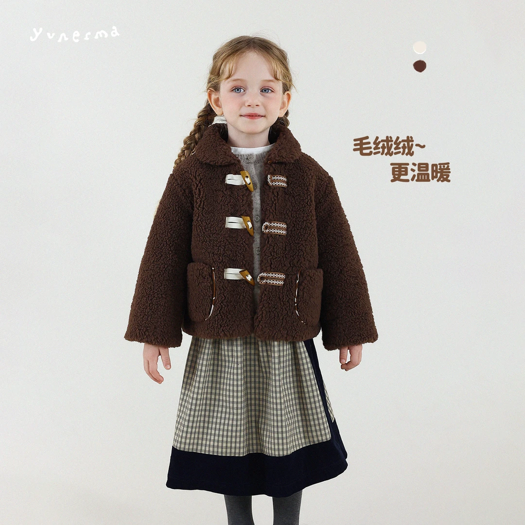 允儿妈女童冬季新款小众复古牛角扣毛毛棉衣儿童保暖棉服宝宝棉袄