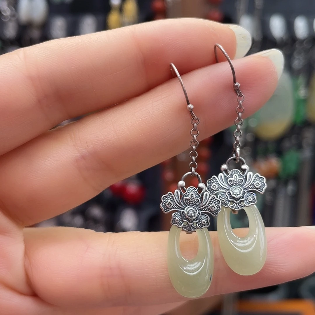 和田玉银S925镶嵌耳饰898hhnnhj