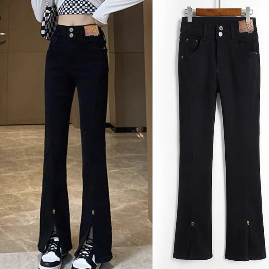 6661裤100加绒牛仔微秋冬季新款设计感开叉马蹄裤高腰黑色喇叭裤