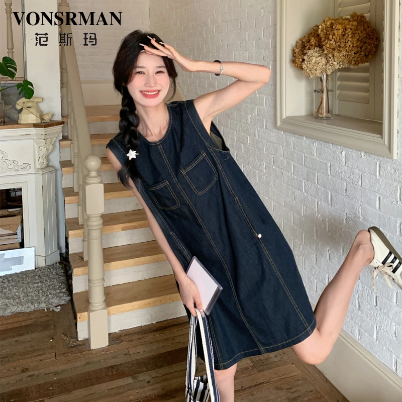 深蓝色复古牛仔连衣裙女2025夏季新款宽松大码时尚显瘦别致背心裙