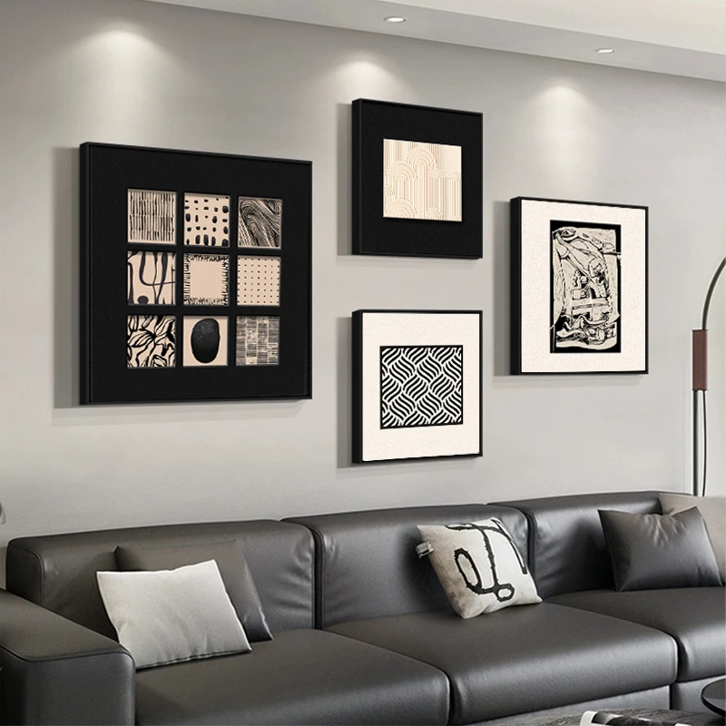 抽象意式极简客厅装饰画黑白沙发四联挂画简约现代餐厅卧室壁画