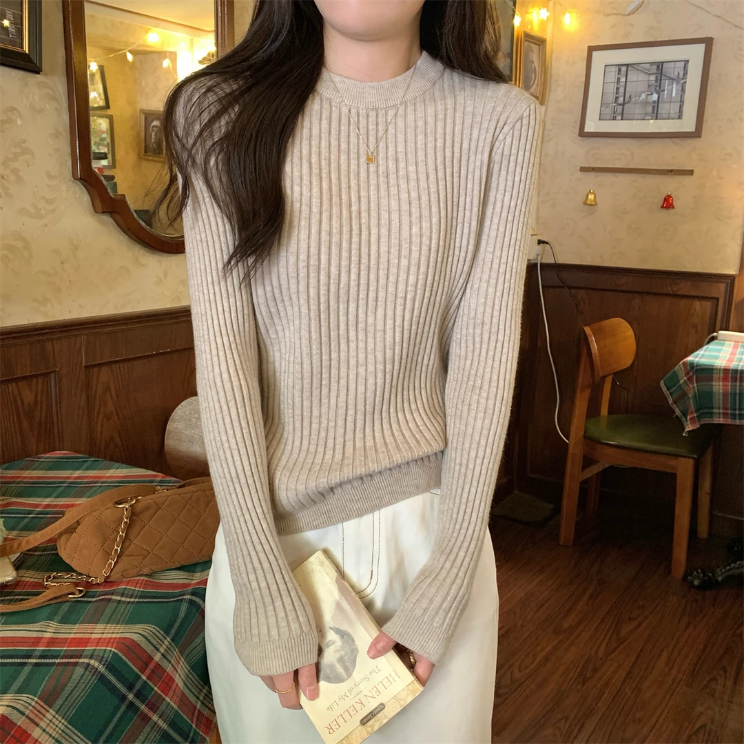 秋冬韩版软糯坑条设计圆领内搭安迪绒长袖针织打底衫毛衣女上衣